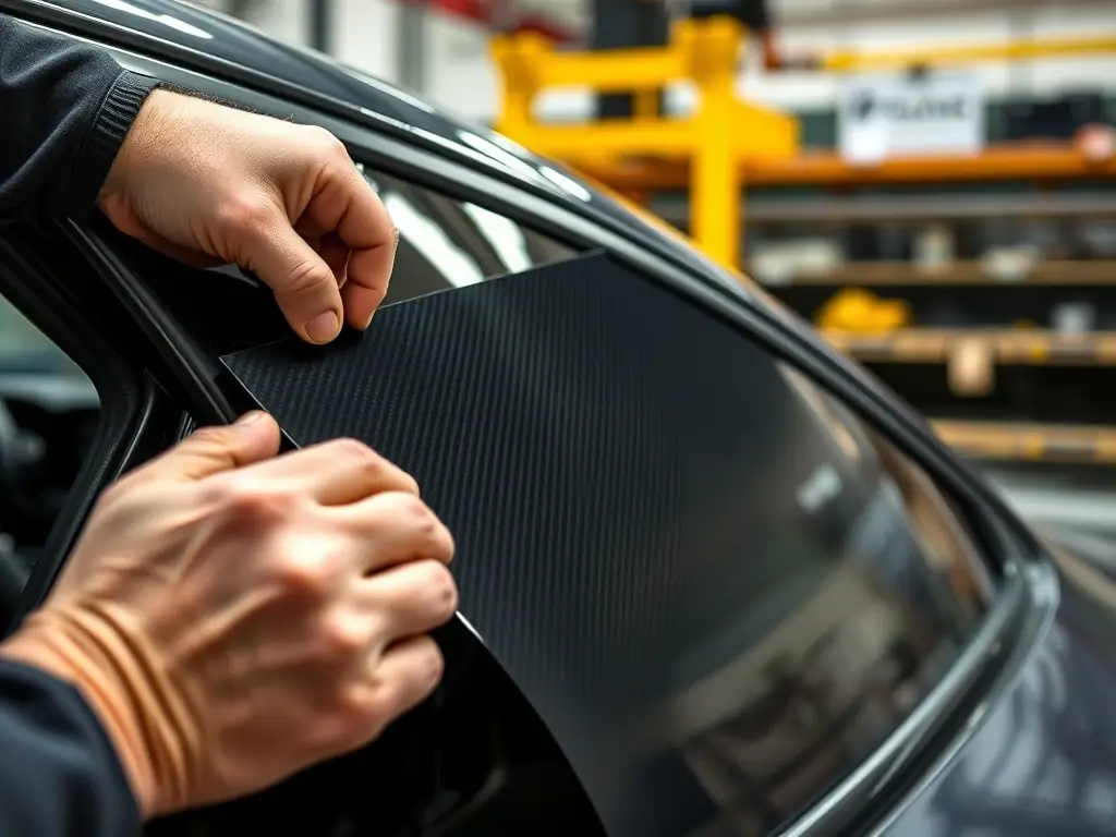 A close-up shot of carbon window film being applied to a car window, highlighting its sleek, dark finish and heat-reducing properties.