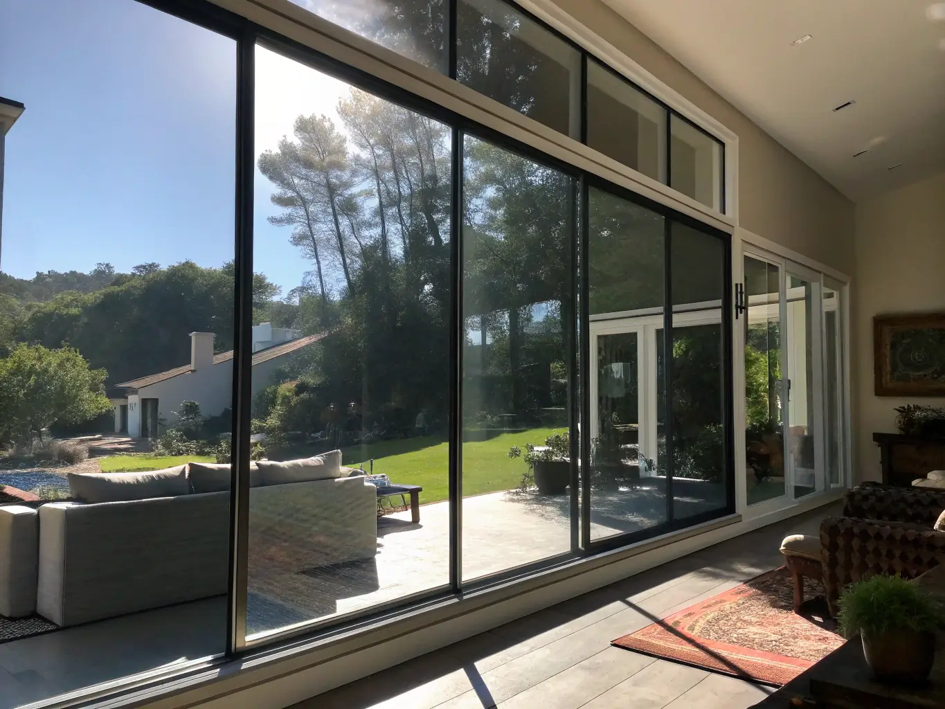A comparison image showing a window with and without privacy film, demonstrating the enhanced privacy and security it provides.