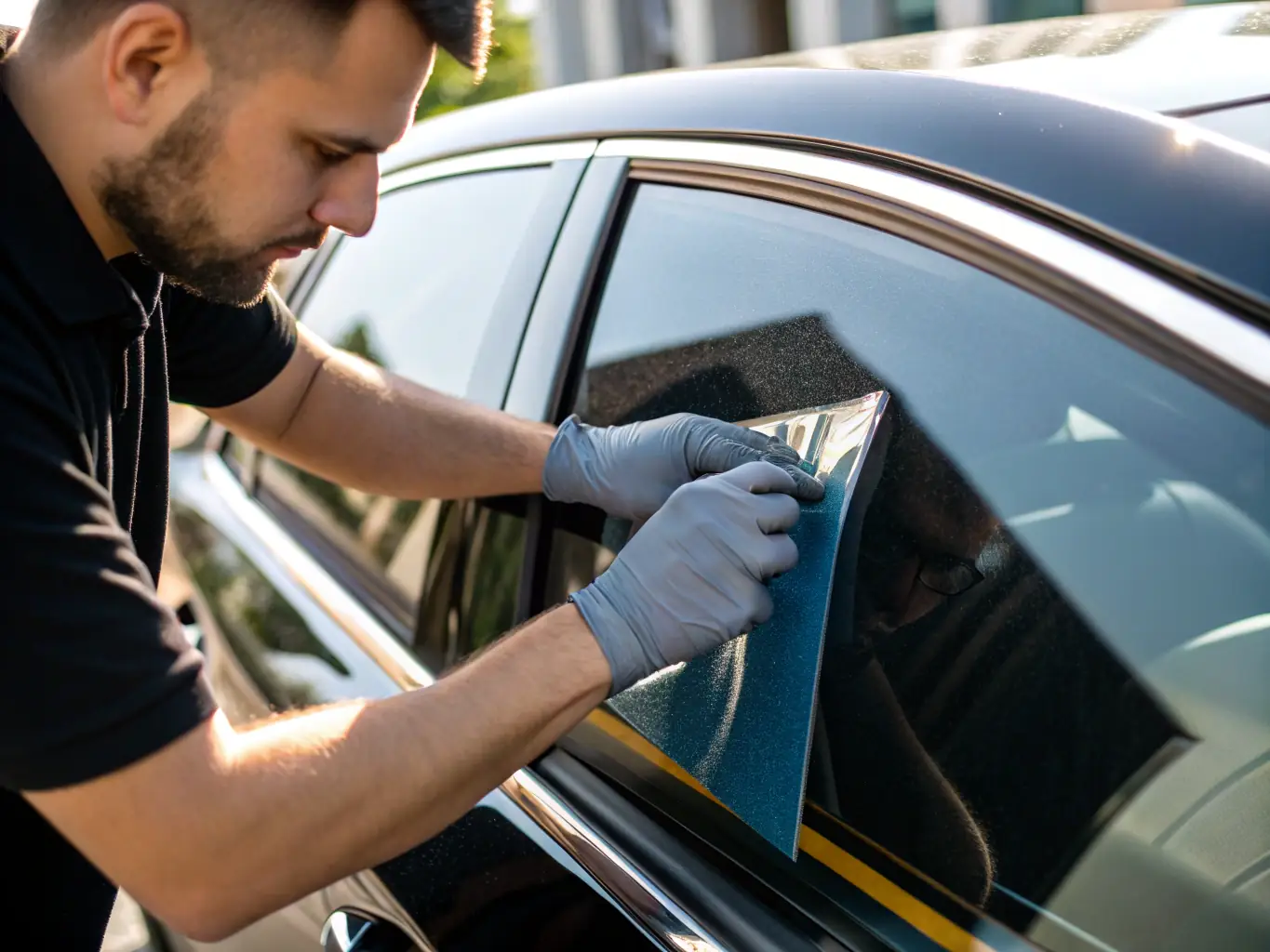 A close-up shot of carbon window film being applied to a car window, highlighting its sleek, dark finish and the precision of the application process.